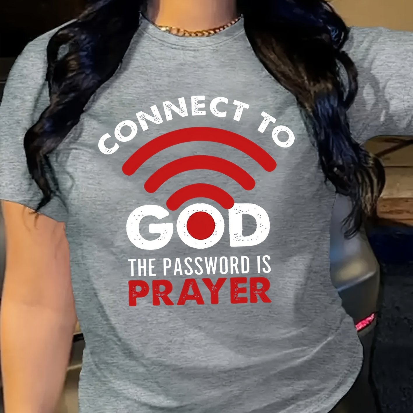 Women'S Casual Crew Neck T-Shirt with "Connect to God, The Password is Prayer" Print, Polyester 100%, Knit Fabric, 180g/m², All Seasons